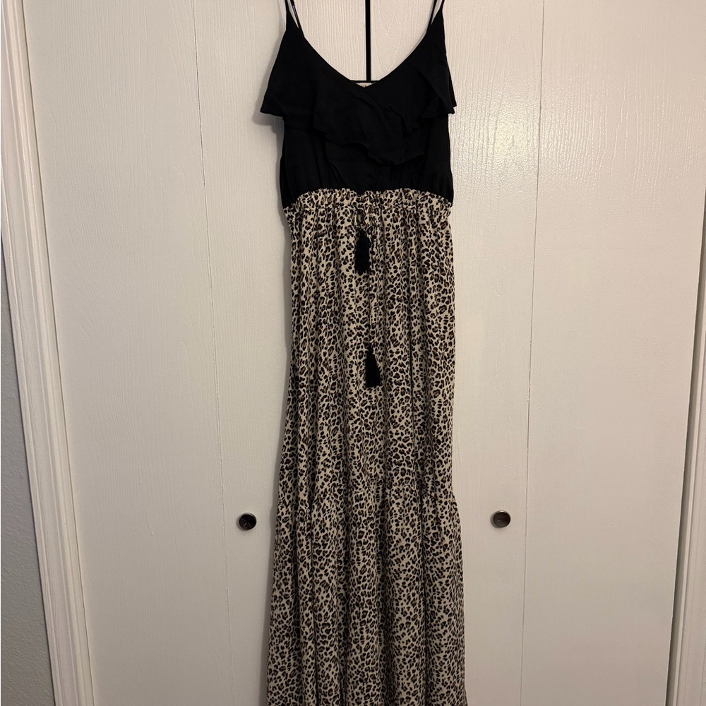Black & Leopard Print Maxi Dress with Tassel Waist